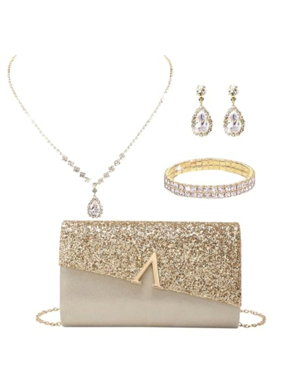 Rhinestone Evening Clutch Purse Set with Necklace & Earrings